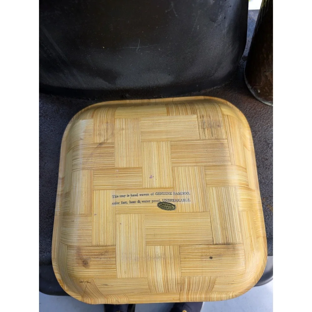VTG Florida Souvenir Bamboo Tray 11x11 Map Palm‎ Trees Mid Century Tiki Decor